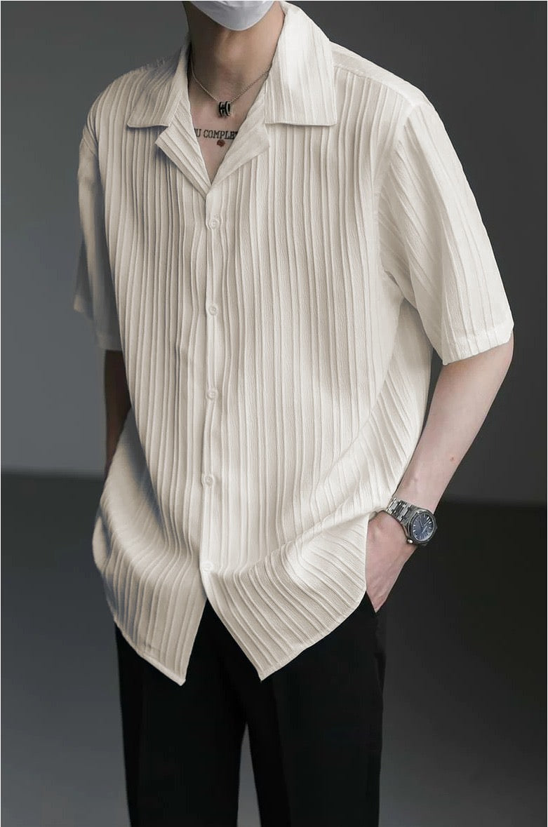 Ivory Stripe Texture Lapel Collar Men Shirt