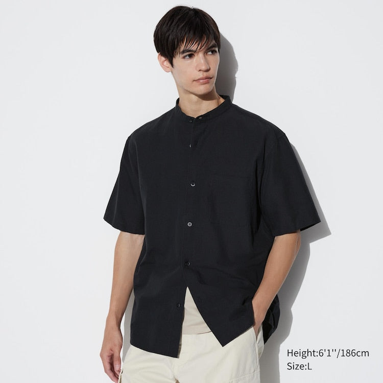 CHINESE COLLAR BLACK COTTON BLEND SHORT SLEEVED SHIRT