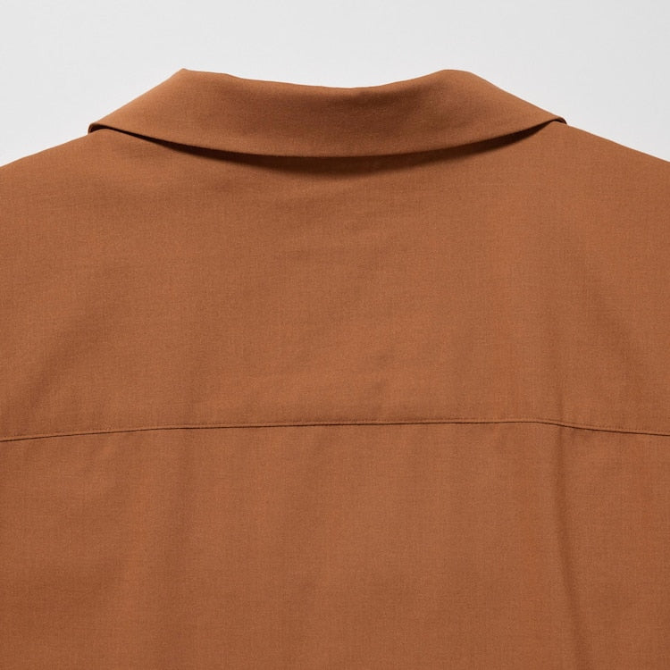 BROWN COTTON BLEND SHORT SLEEVED SHIRT (OPEN COLLAR)