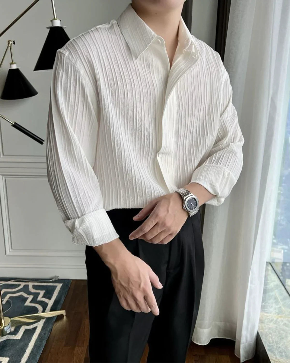 White Stripe Texture Full Sleeve Men Shirt