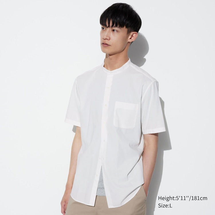 CHINESE COLLAR WHITE COTTON BLEND SHORT SLEEVED SHIRT