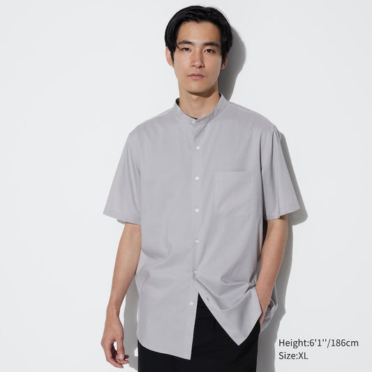 CHINESE COLLAR GREY COTTON BLEND SHORT SLEEVED SHIRT