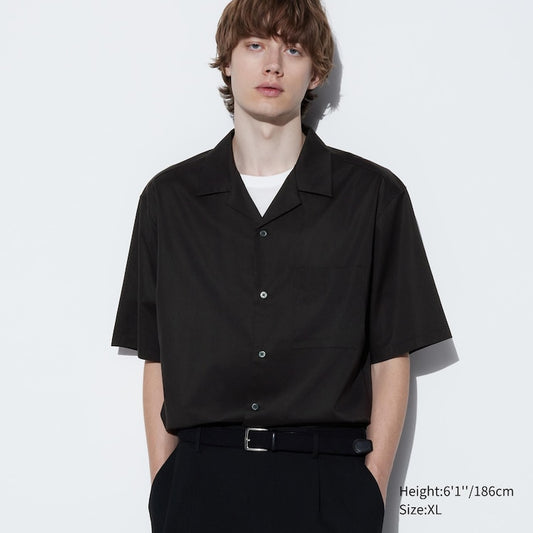 BLACK COTTON BLEND SHORT SLEEVED SHIRT (OPEN COLLAR)