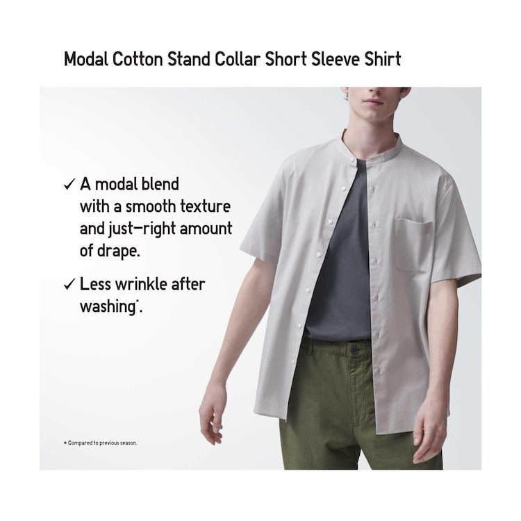 CHINESE COLLAR GREY COTTON BLEND SHORT SLEEVED SHIRT