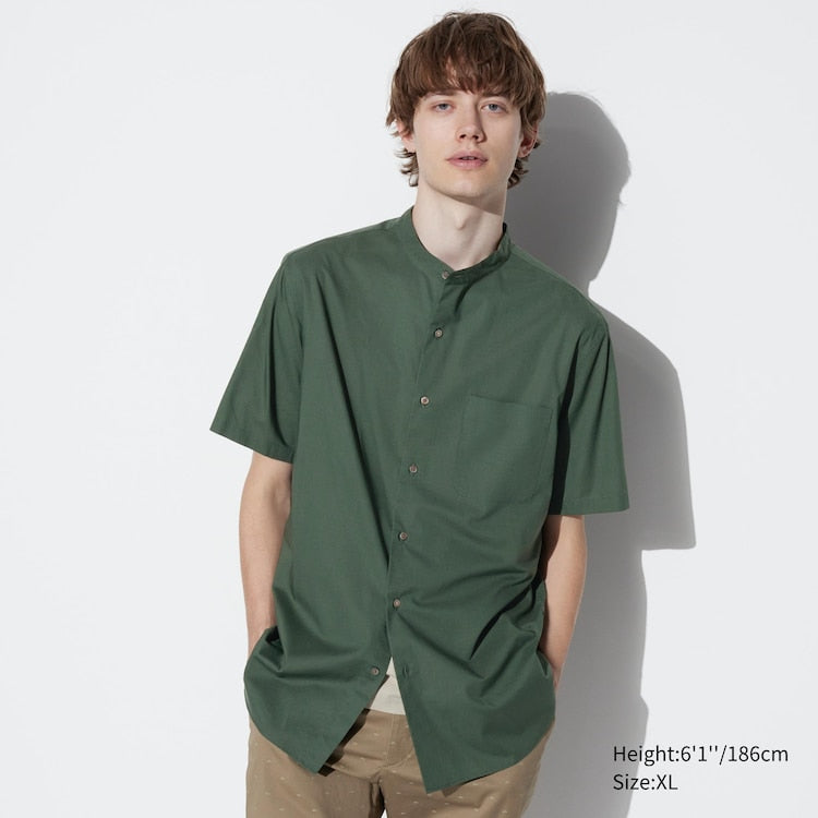 CHINESE COLLAR GREEN COTTON BLEND SHORT SLEEVED SHIRT