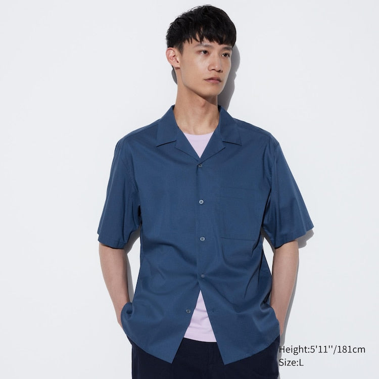 BLUE COTTON BLEND SHORT SLEEVED SHIRT (OPEN COLLAR)