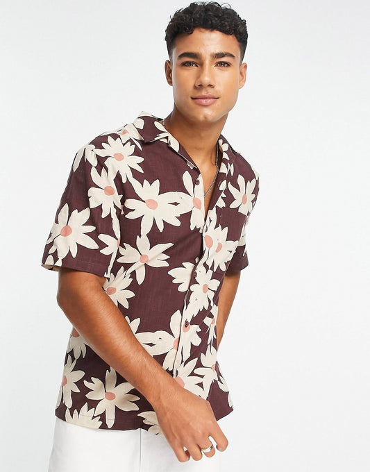 Brown Flower Pattern Shirt for Men