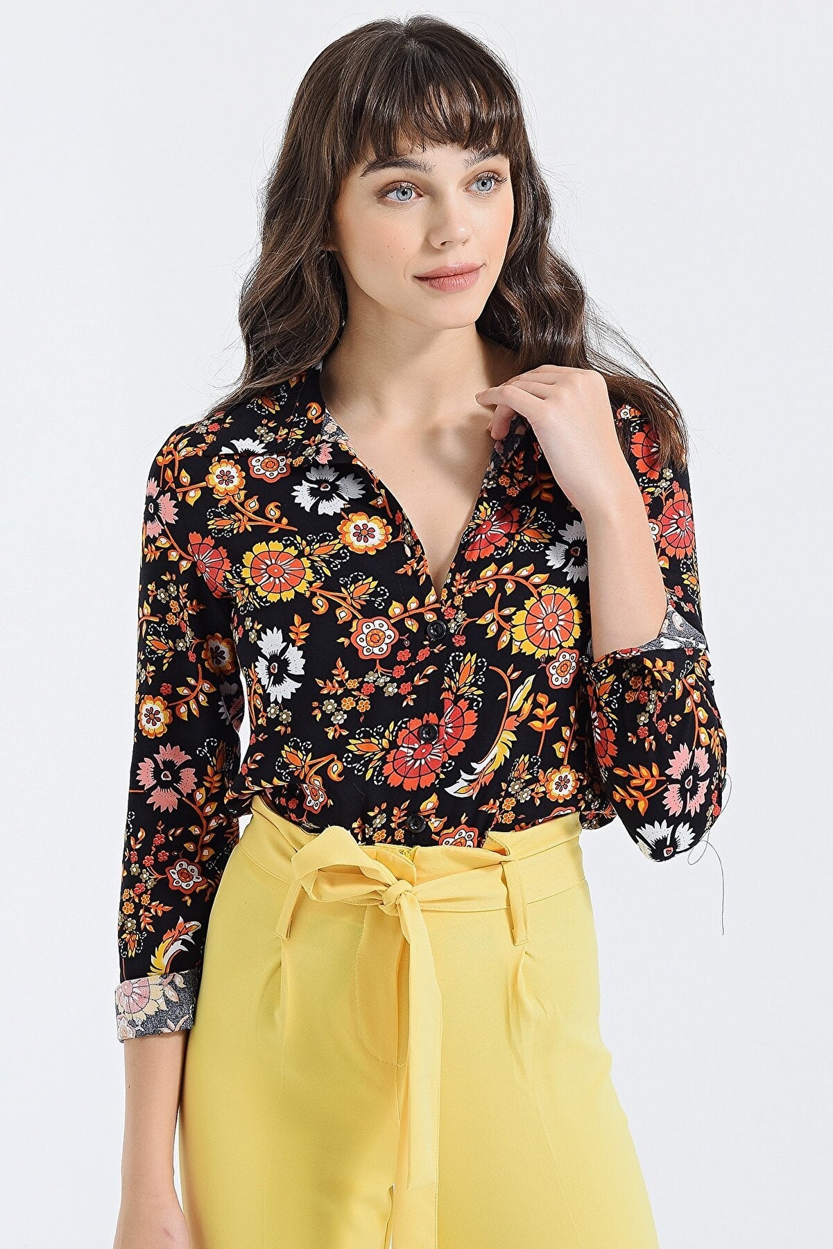 BLACK MULTICOLOR EXOTIC FLOWER SHIRT - WOMEN