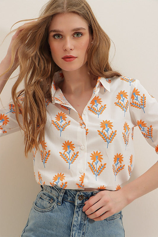 CLASSY ORENGE FLOWER PRINTED SHIRT -WOMEN