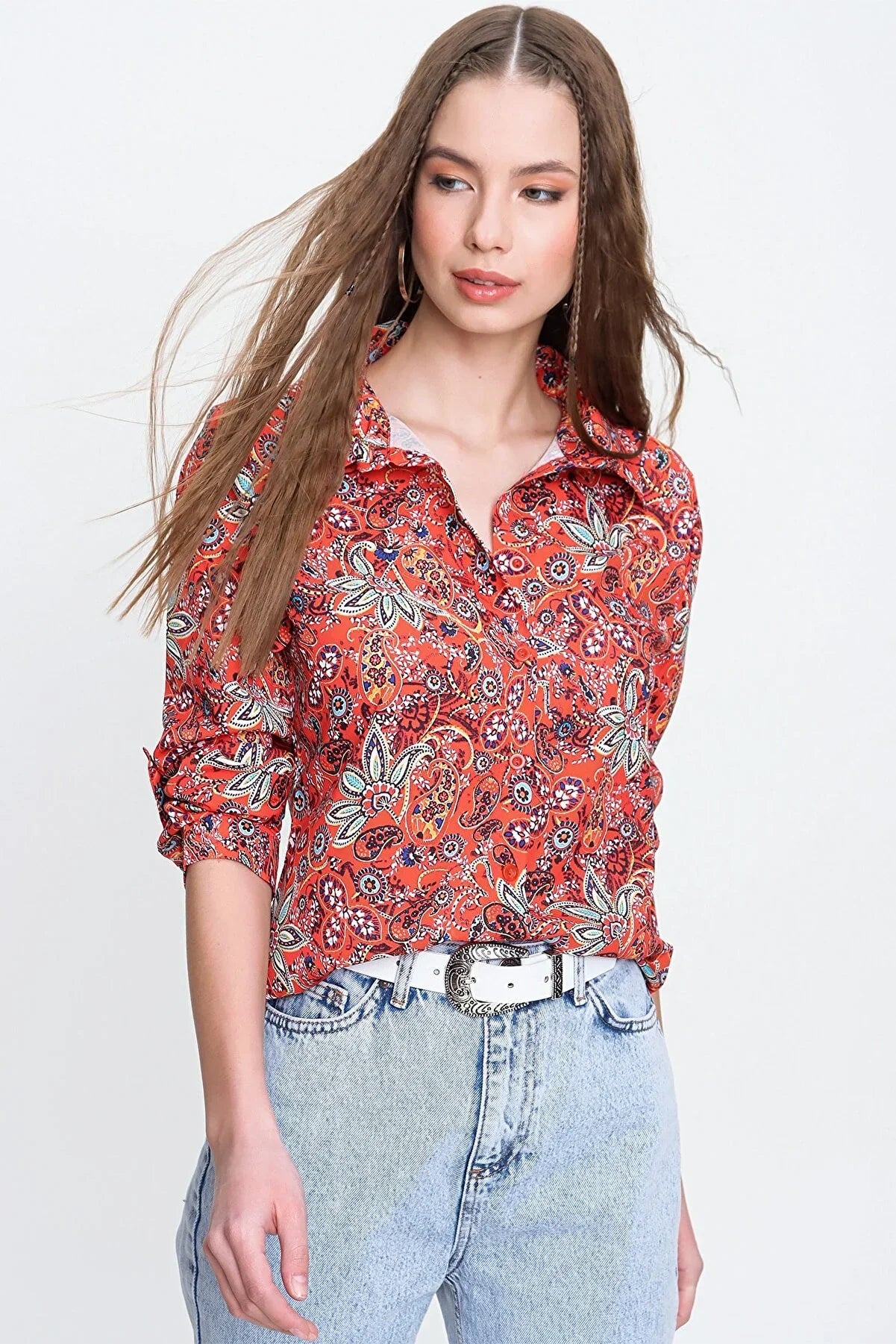 RED ETHNIC PRINTED SHIRT -WOMEN