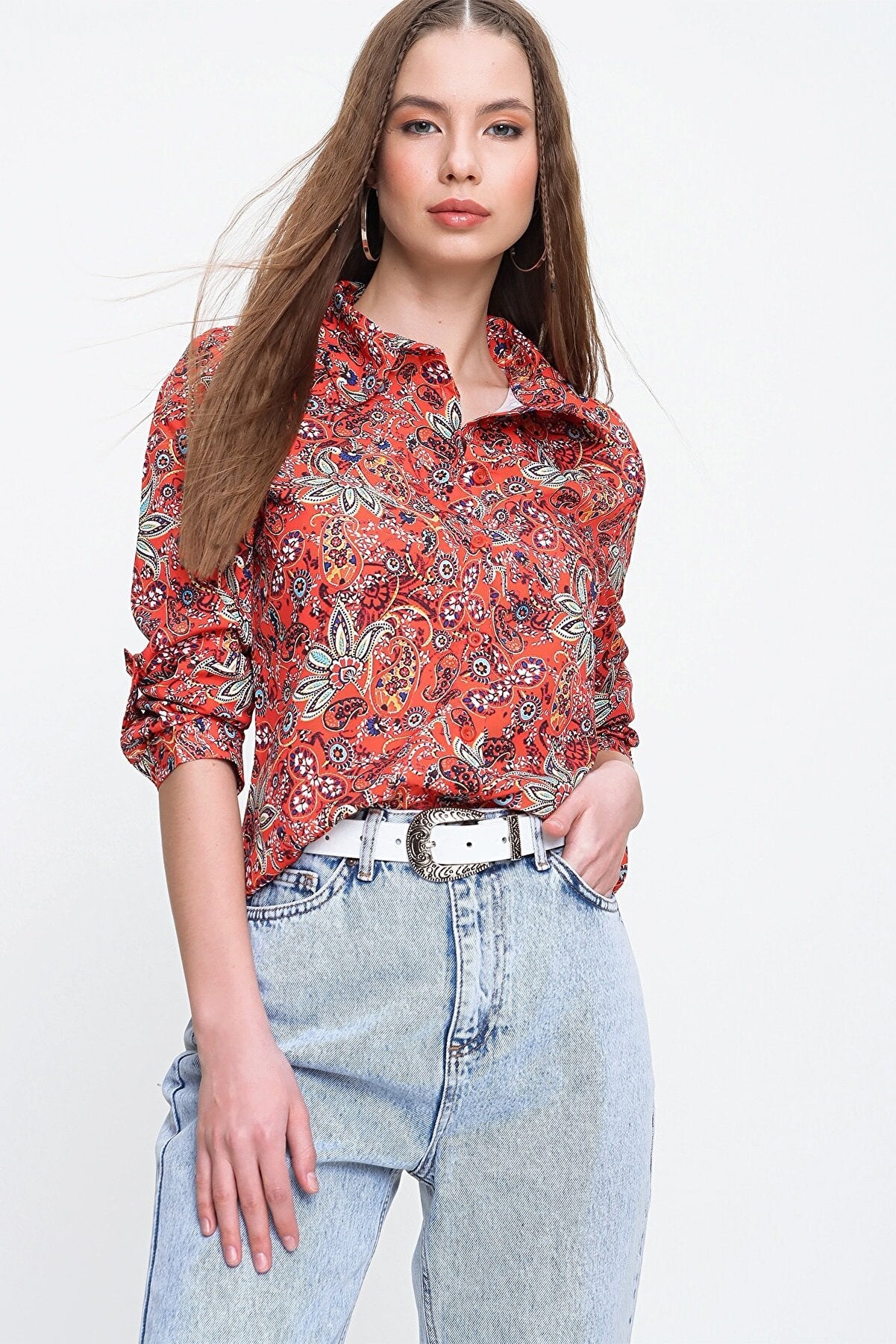 RED ETHNIC PRINTED SHIRT -WOMEN