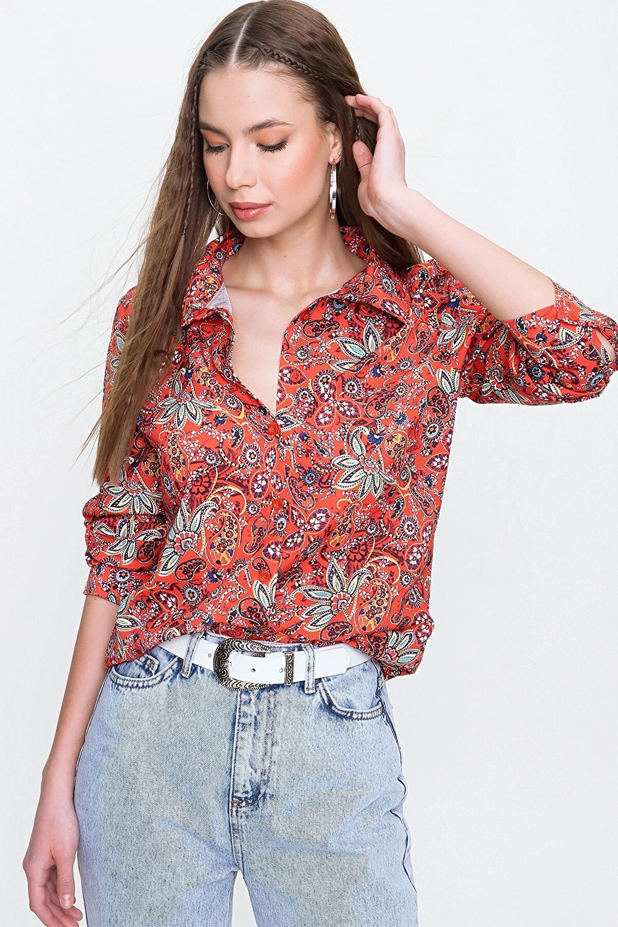 RED ETHNIC PRINTED SHIRT -WOMEN