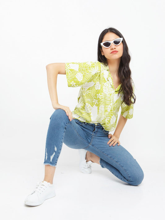 GREEN LEAF PATTERN SHIRT -WOMEN