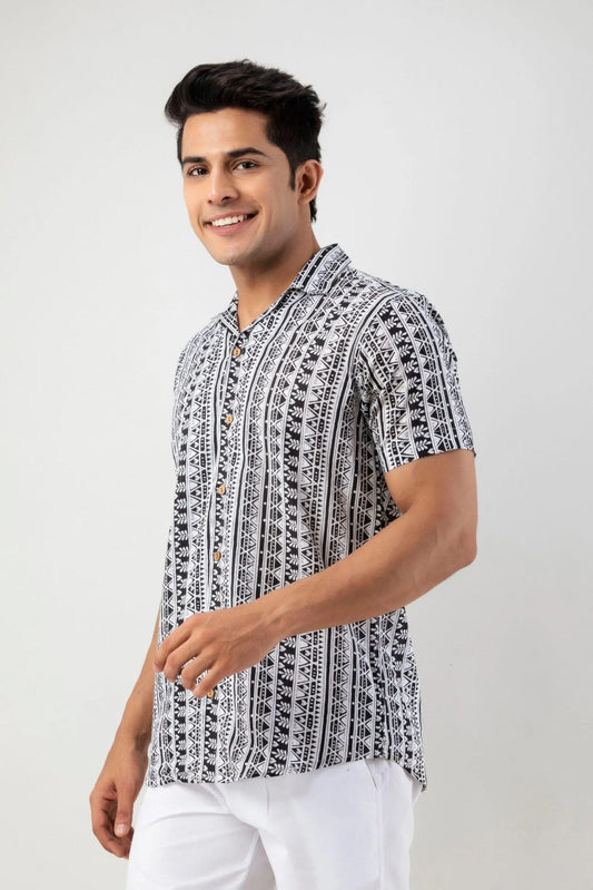 White Ethnic Pattern Printed Casual Shirt