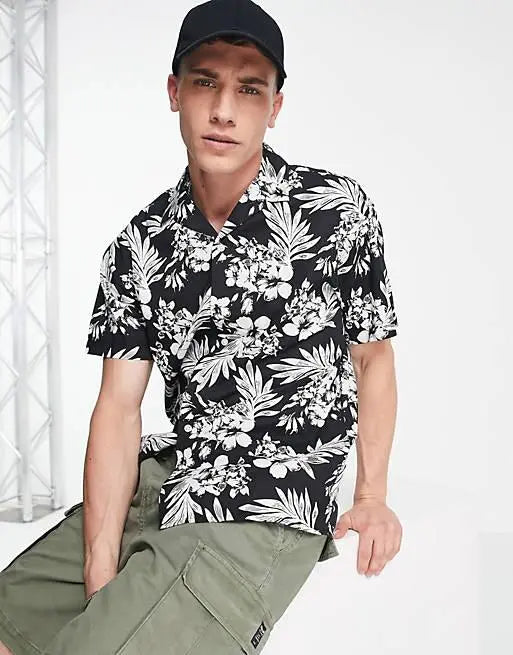 Black Leaf Pattern Printed Shirts For Men