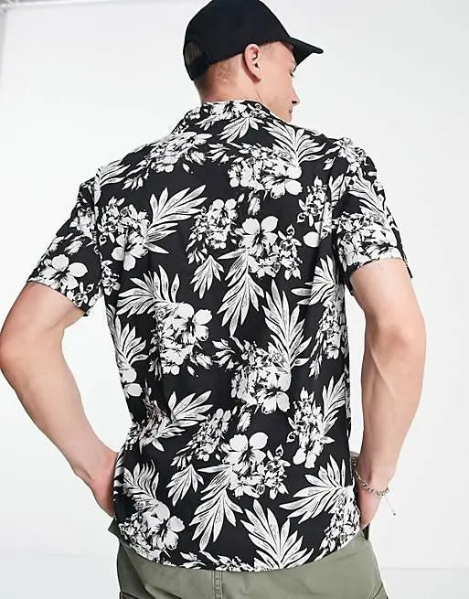 Black Leaf Pattern Printed Shirts For Men