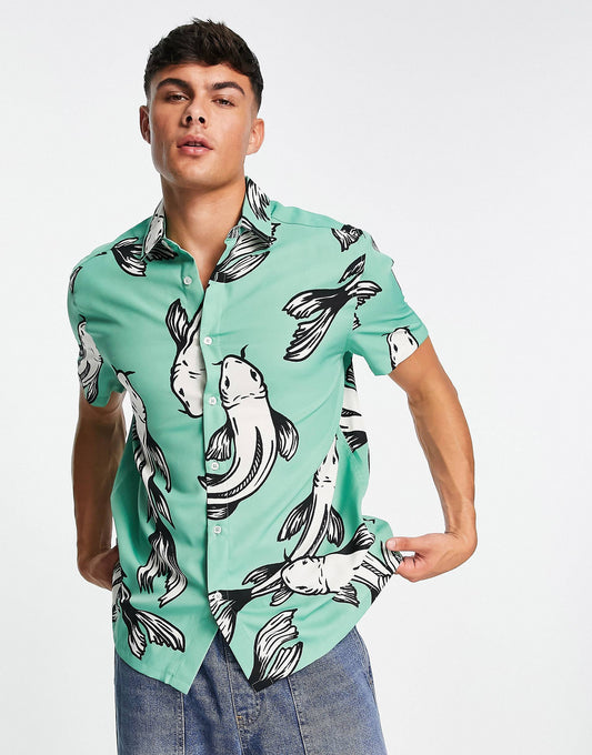 GREEN FISH PATTERN SHIRT - MEN