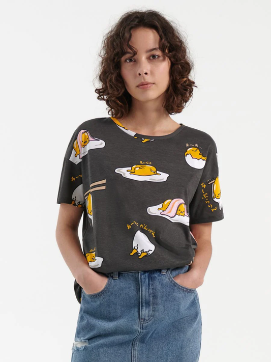 ﻿GREY CARTOON PRINT ROUND NECK TSHIRT FOR WOMEN