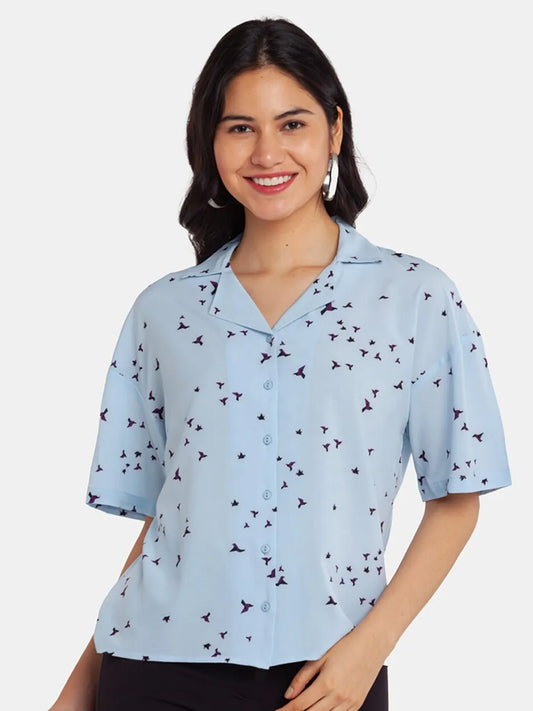 Bird Pattern Blue Printed Shirt