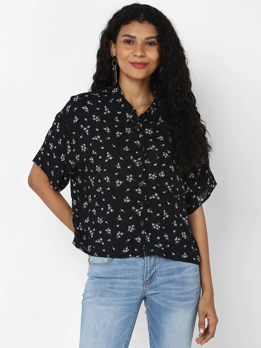 Black Floral Pattern Printed Women Shirt